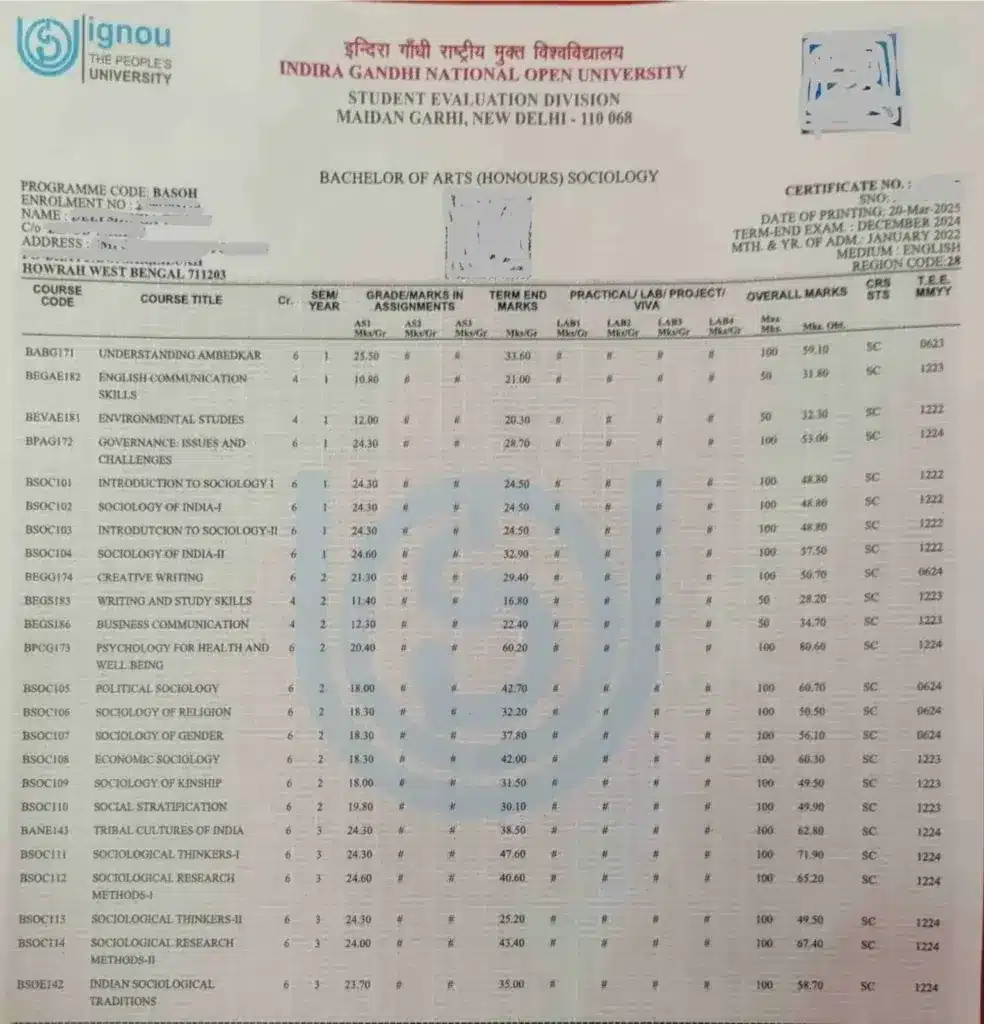 IGNOU Marksheet Not Received in 2026? Reasons & What to Do 3 IGNOU marksheet sample image